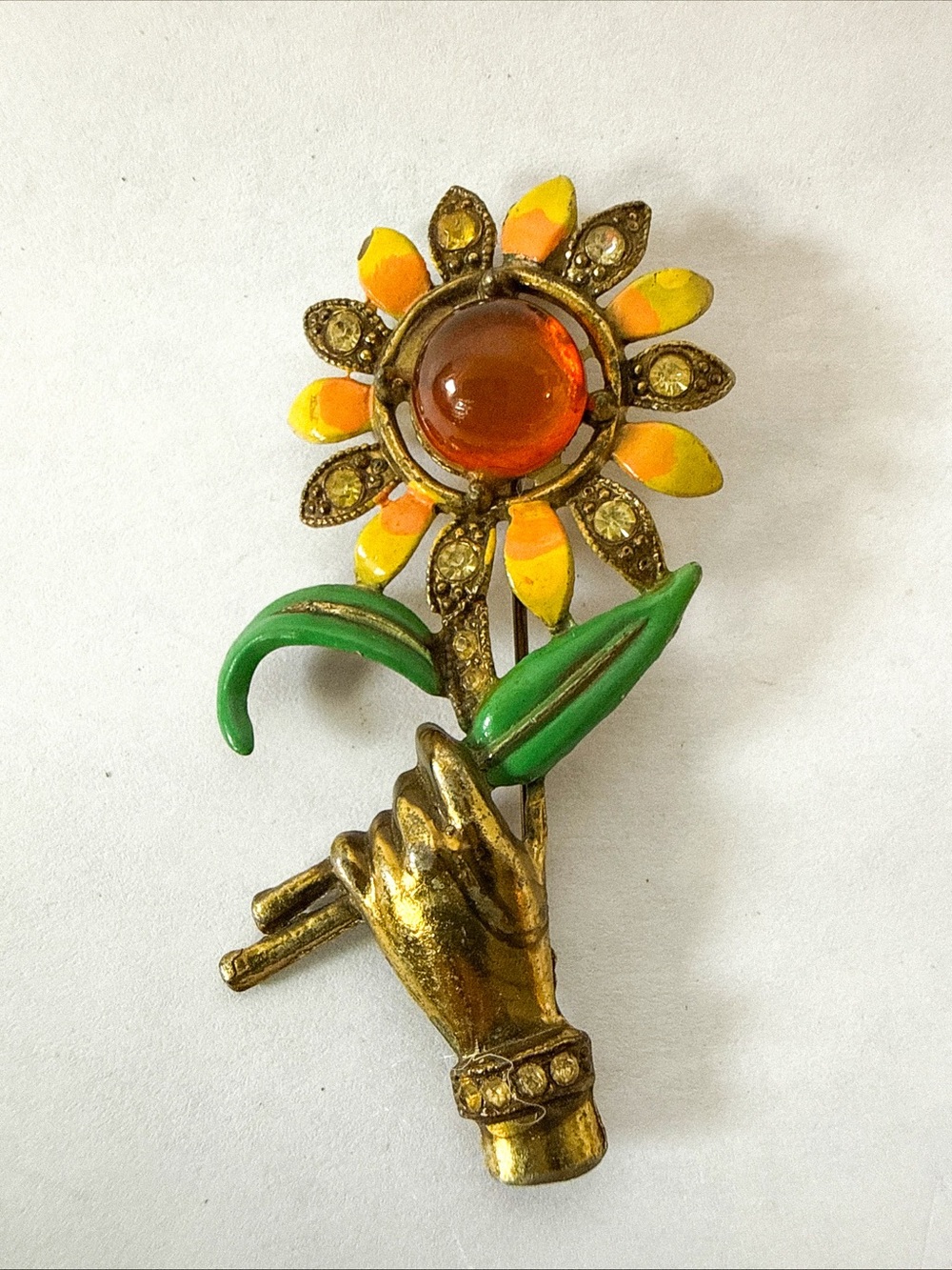 Vintage Gold Tone Figural Hand Holding Enamel & Rhinestone Bouquet Sunflower Pin
